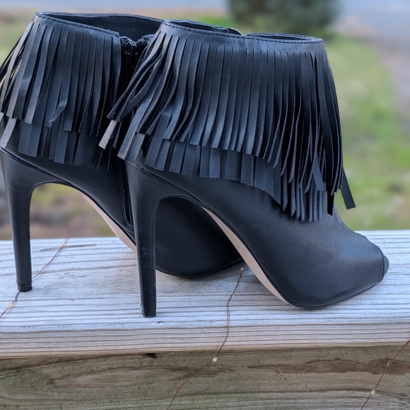 Madden Girl Black Fringe Peep-Toe Stiletto Ankle Heels - Picture 4 of 6